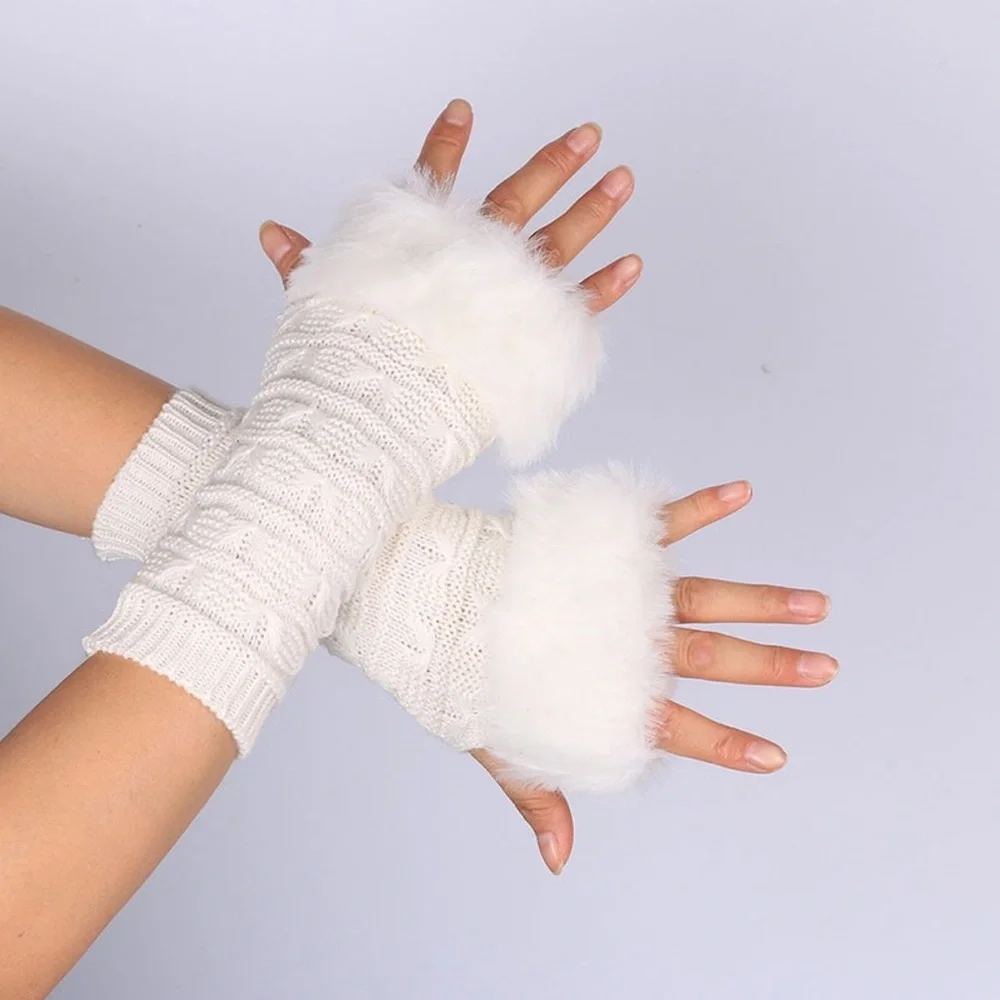 White Cable Knit Faux Fur Trim Fingerless Gloves - Women